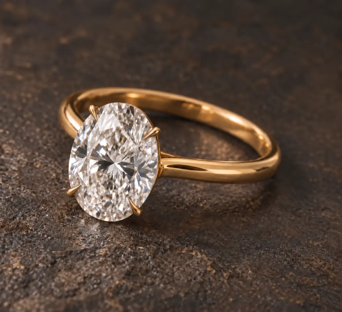 Solitaire à diamant ovale de synthèse de 3 carats, quatre griffes pointues et monture dorée sur fond brun