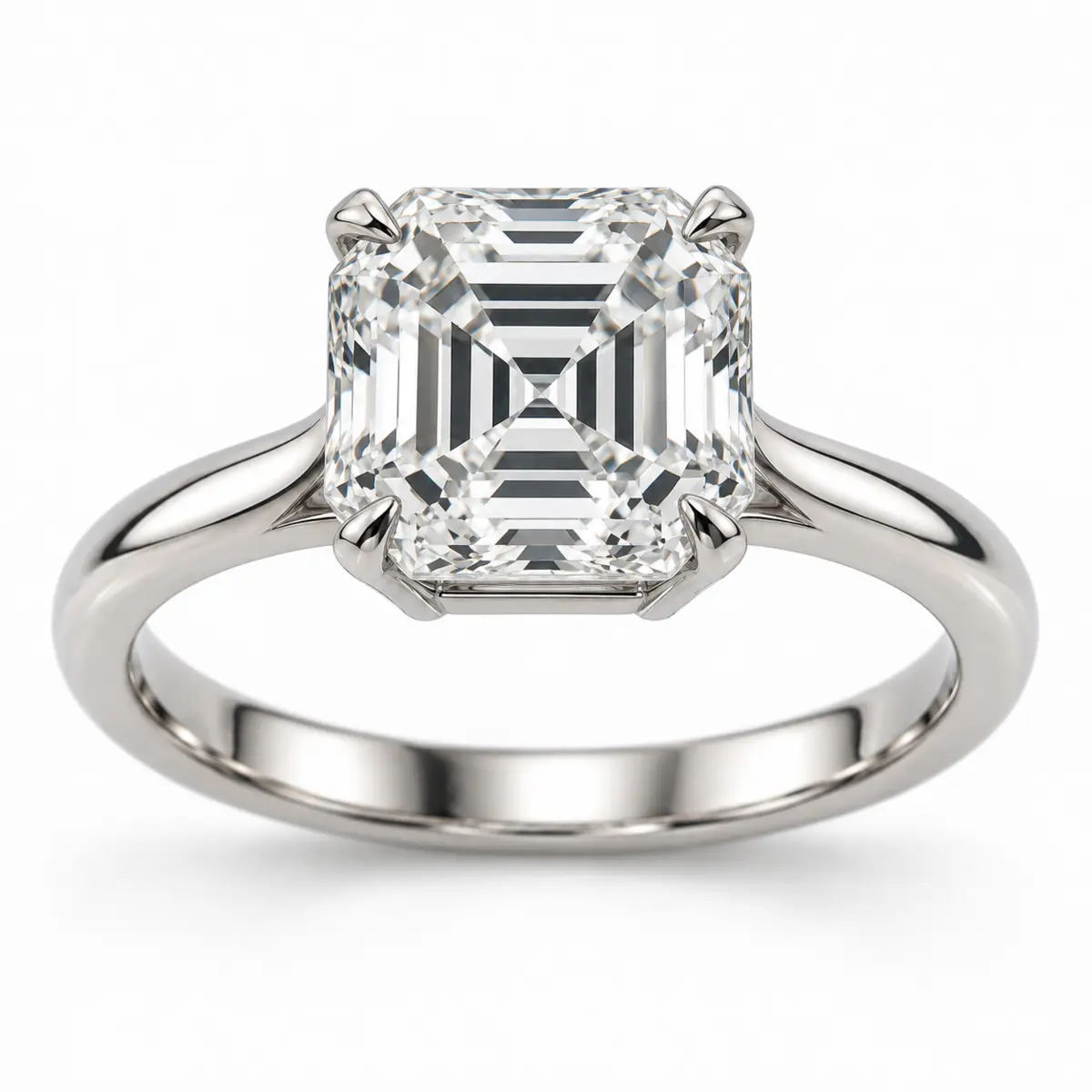 Solitaire Perspective, diamant taille Asscher serti à quatre griffes sur une monture en platine